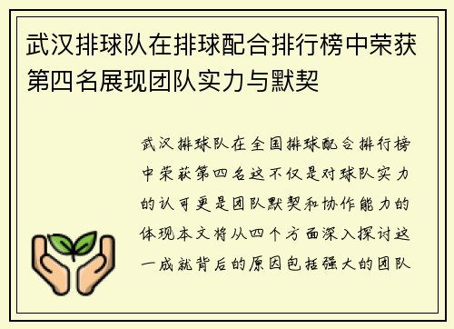 武汉排球队在排球配合排行榜中荣获第四名展现团队实力与默契