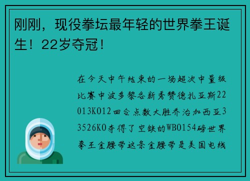 刚刚，现役拳坛最年轻的世界拳王诞生！22岁夺冠！